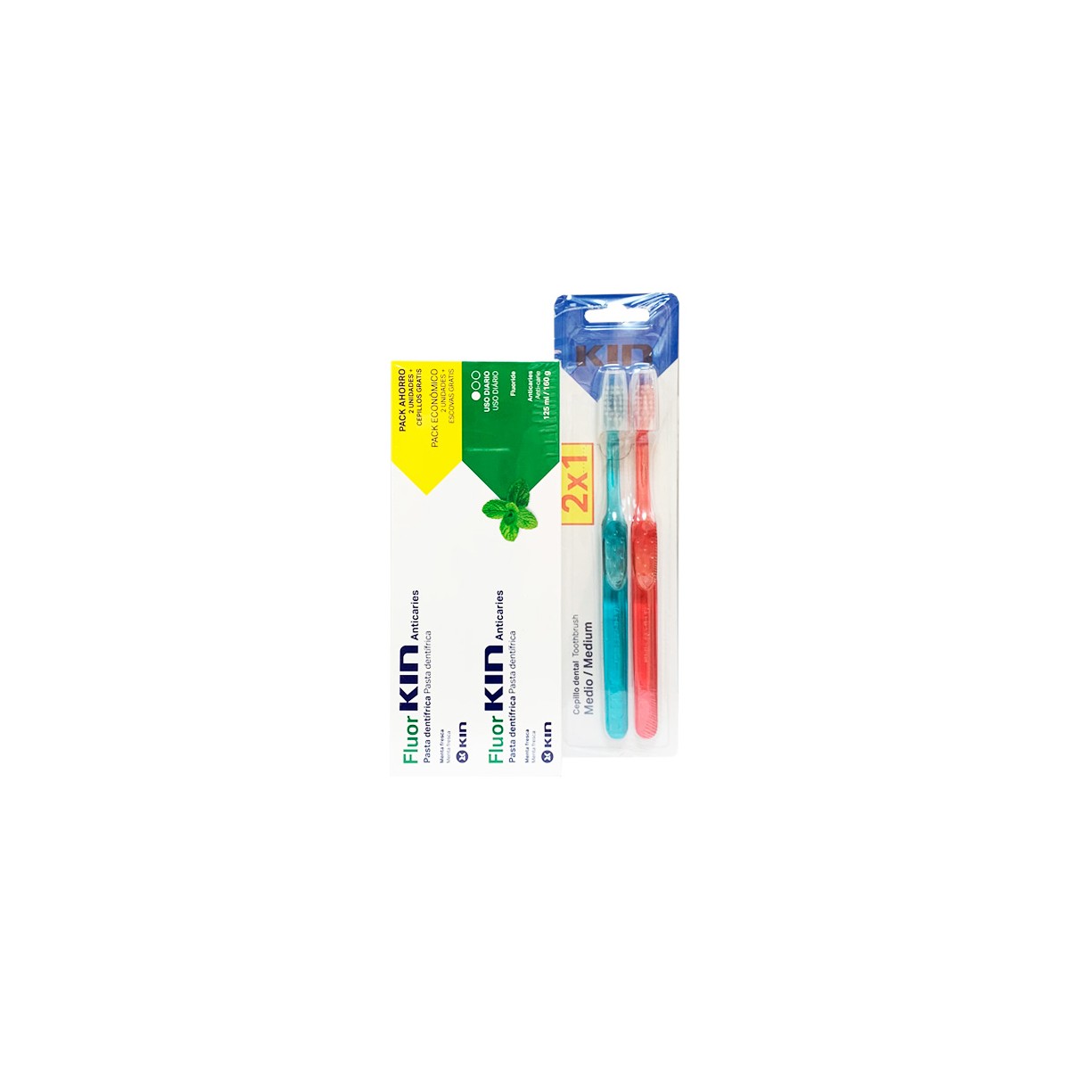 Flúor Kin Anticaries Menta Fresca 125 ml Pack Ahorro 2 Unidades + Cepillos Gratis